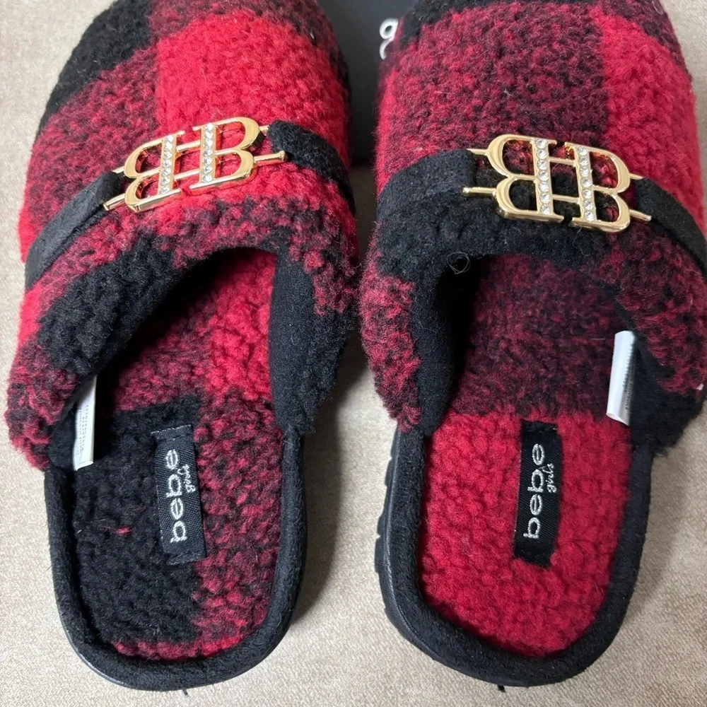 Bebe Plaid Girls Quilted Sherpa Slippers Red/Black Size Large 2/3